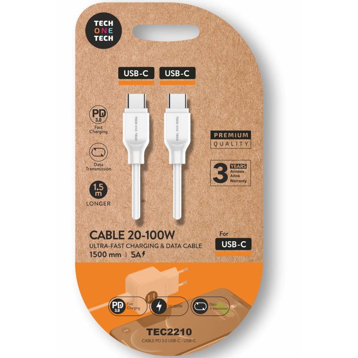 Tech One Tech Cable USB-C a USB-C TEC2210 100W 1,5m Blanco Tech One Tech Cable USB-C a USB-C TEC2210 100W 1,5m Blanco